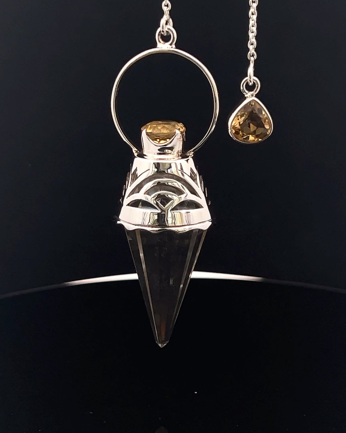 Vogel Cut Crystal Point with Facetted Citrines in Fancy .925 Silver Setting with Cutwork Design as a Pendulum