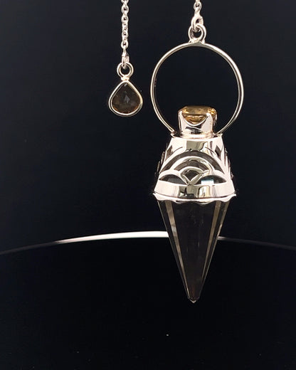 Vogel Cut Crystal Point with Facetted Citrines in Fancy .925 Silver Setting with Cutwork Design as a Pendulum