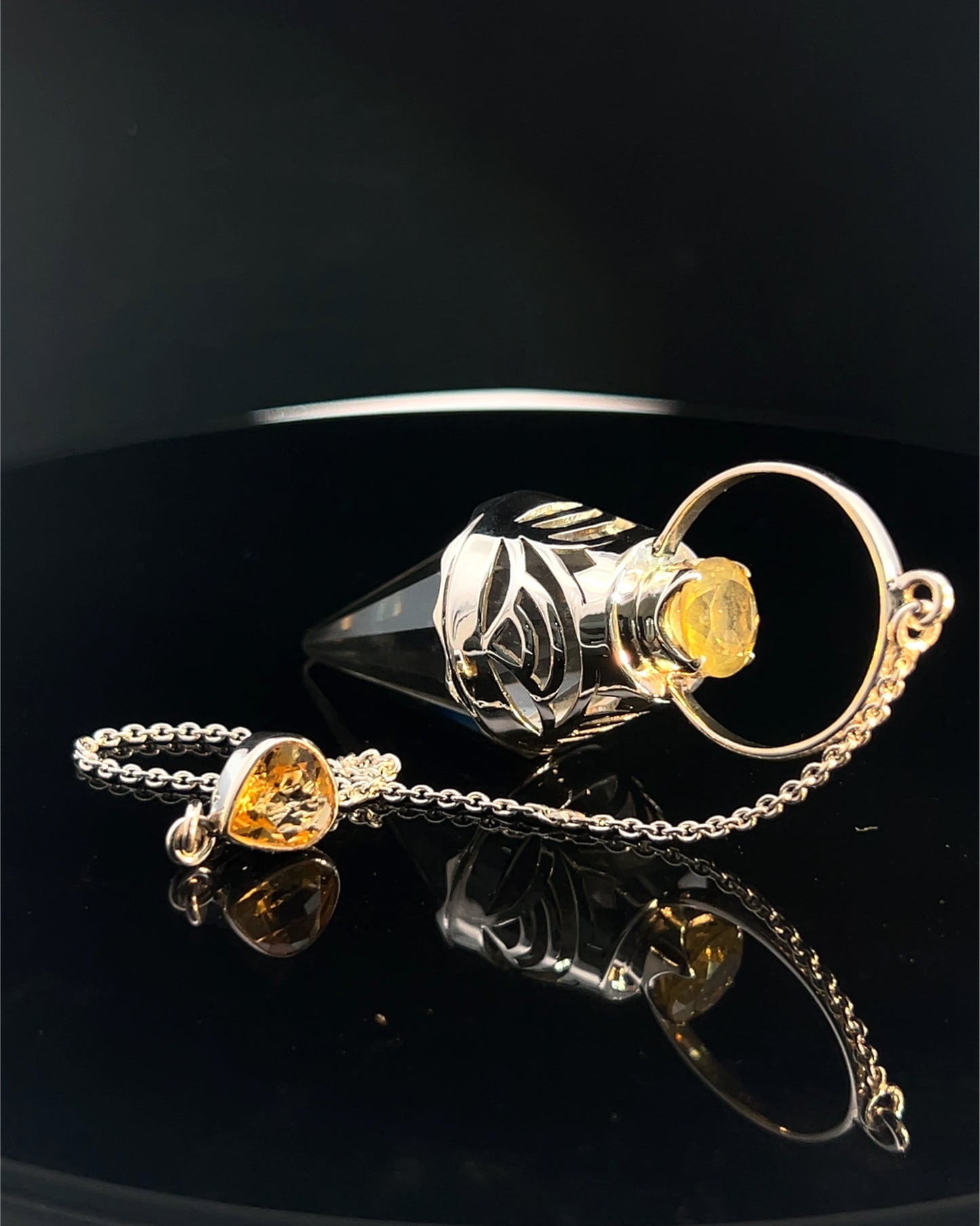 Vogel Cut Crystal Point with Facetted Citrines in Fancy .925 Silver Setting with Cutwork Design as a Pendulum