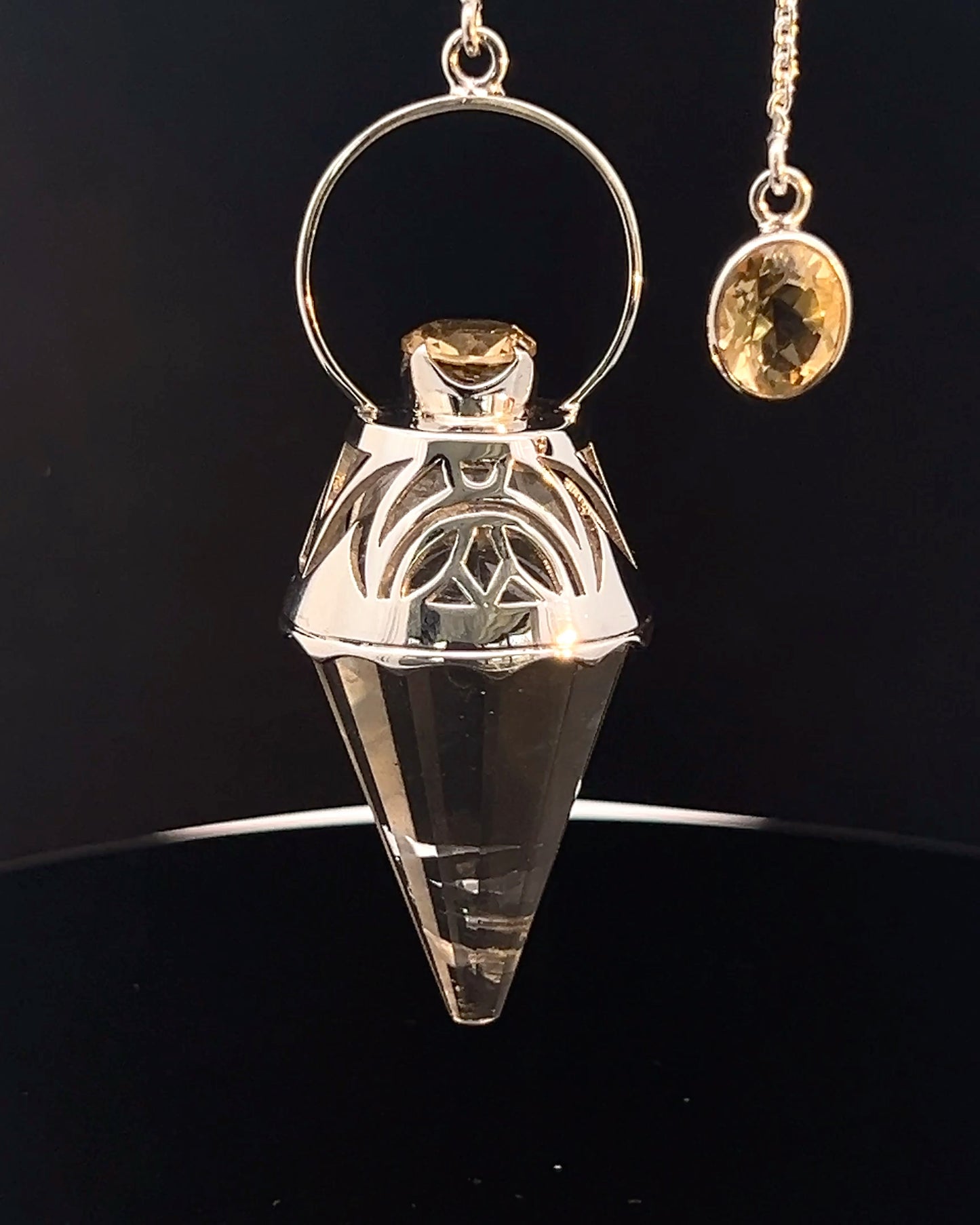 Vogel Cut Crystal Point with Facetted Citrines in Fancy .925 Silver Setting with Cutwork Design as a Pendulum
