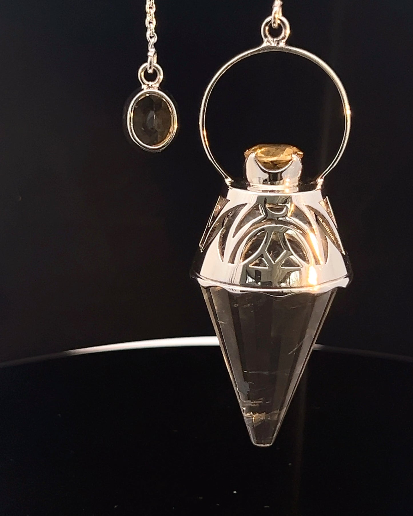 Vogel Cut Crystal Point with Facetted Citrines in Fancy .925 Silver Setting with Cutwork Design as a Pendulum