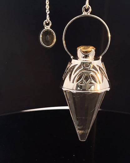 Vogel Cut Crystal Point with Facetted Citrines in Fancy .925 Silver Setting with Cutwork Design as a Pendulum