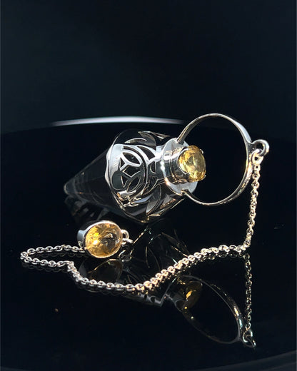 Vogel Cut Crystal Point with Facetted Citrines in Fancy .925 Silver Setting with Cutwork Design as a Pendulum