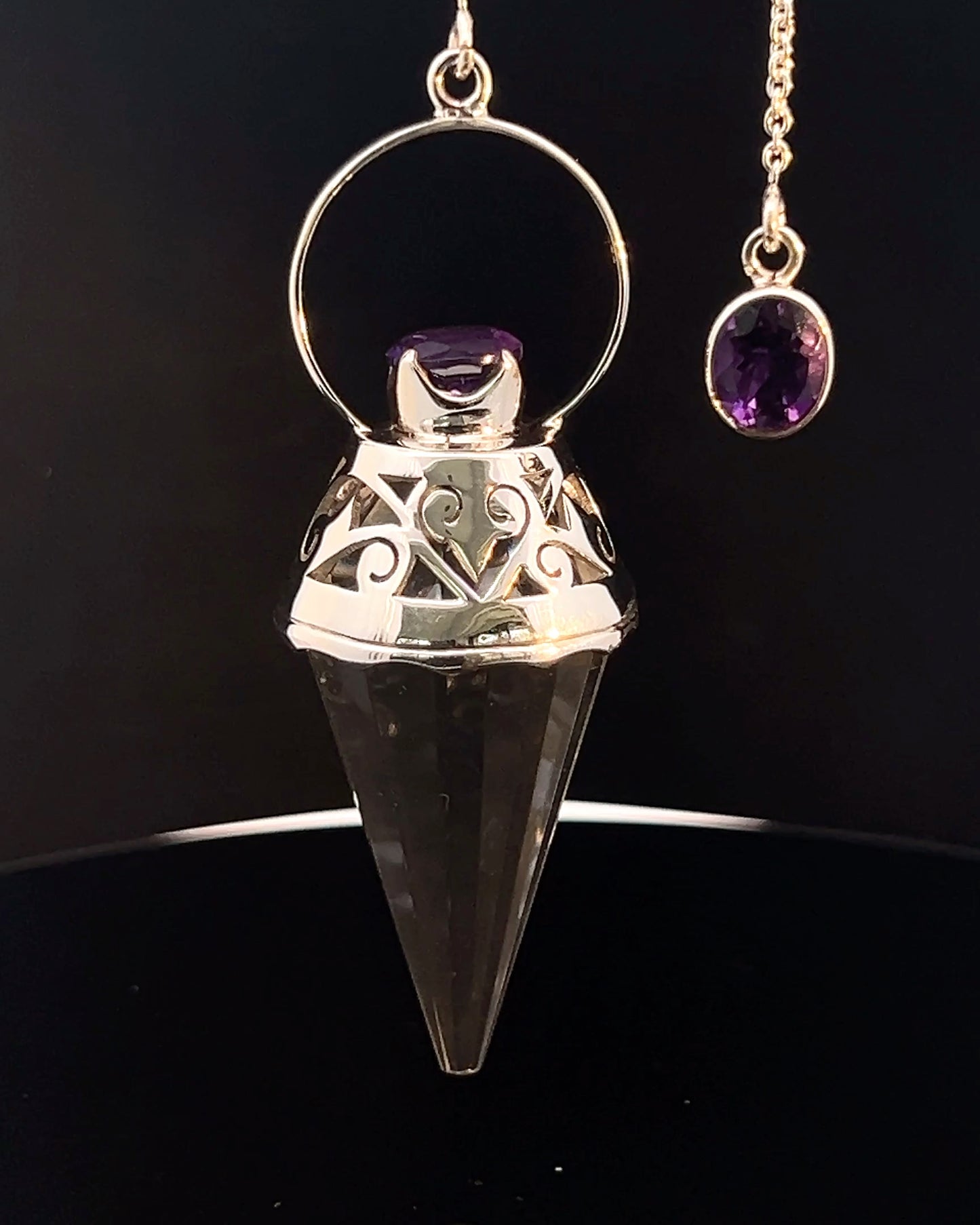 Vogel Cut Crystal Point with Facetted Amethysts in Fancy .925 Silver Setting with Cutwork Design as a Pendulum