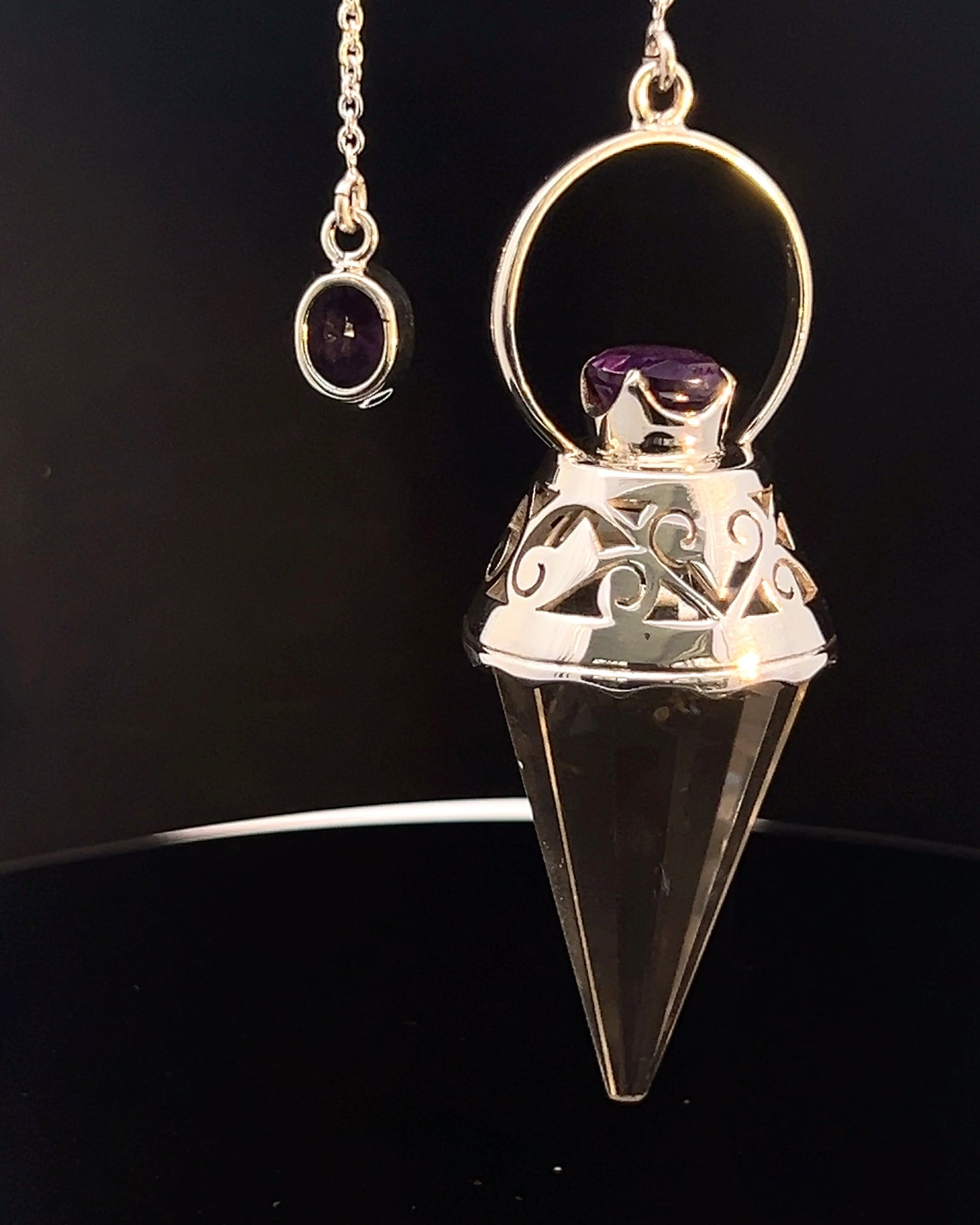 Vogel Cut Crystal Point with Facetted Amethysts in Fancy .925 Silver Setting with Cutwork Design as a Pendulum