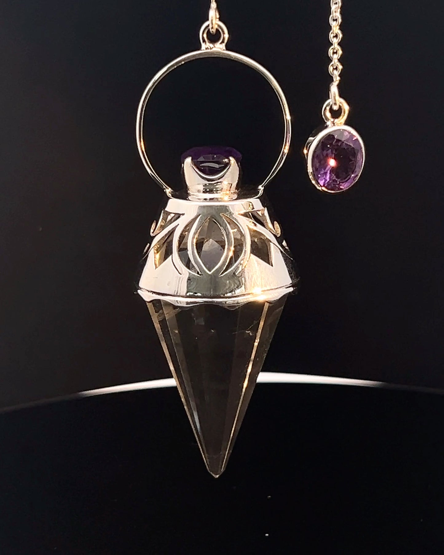 Vogel Cut Crystal Point with Facetted Amethysts in Fancy .925 Silver Setting with Cutwork Design as a Pendulum