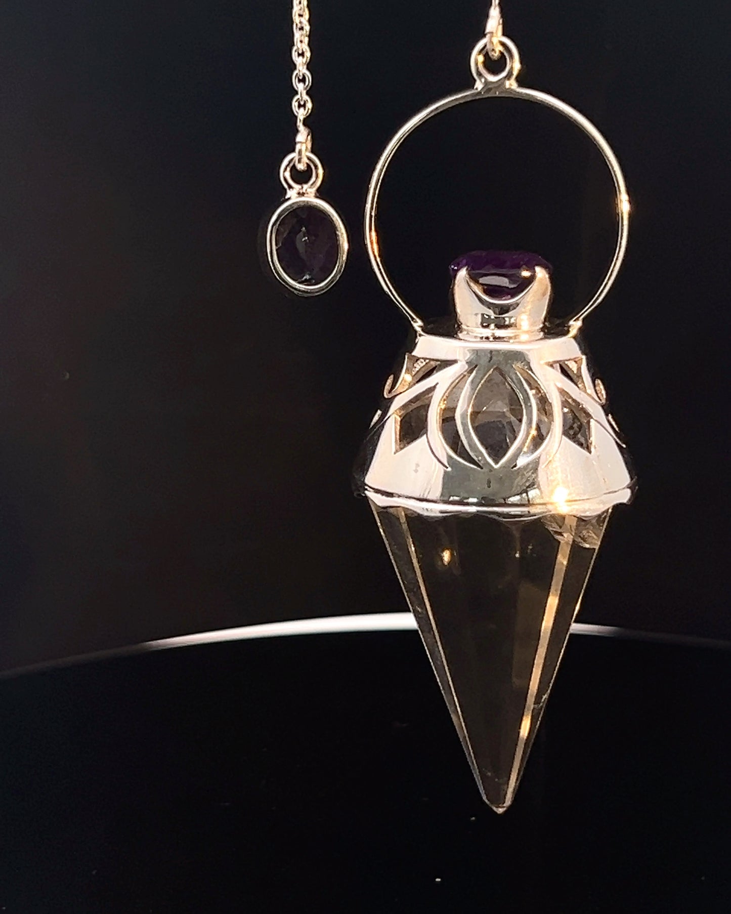 Vogel Cut Crystal Point with Facetted Amethysts in Fancy .925 Silver Setting with Cutwork Design as a Pendulum