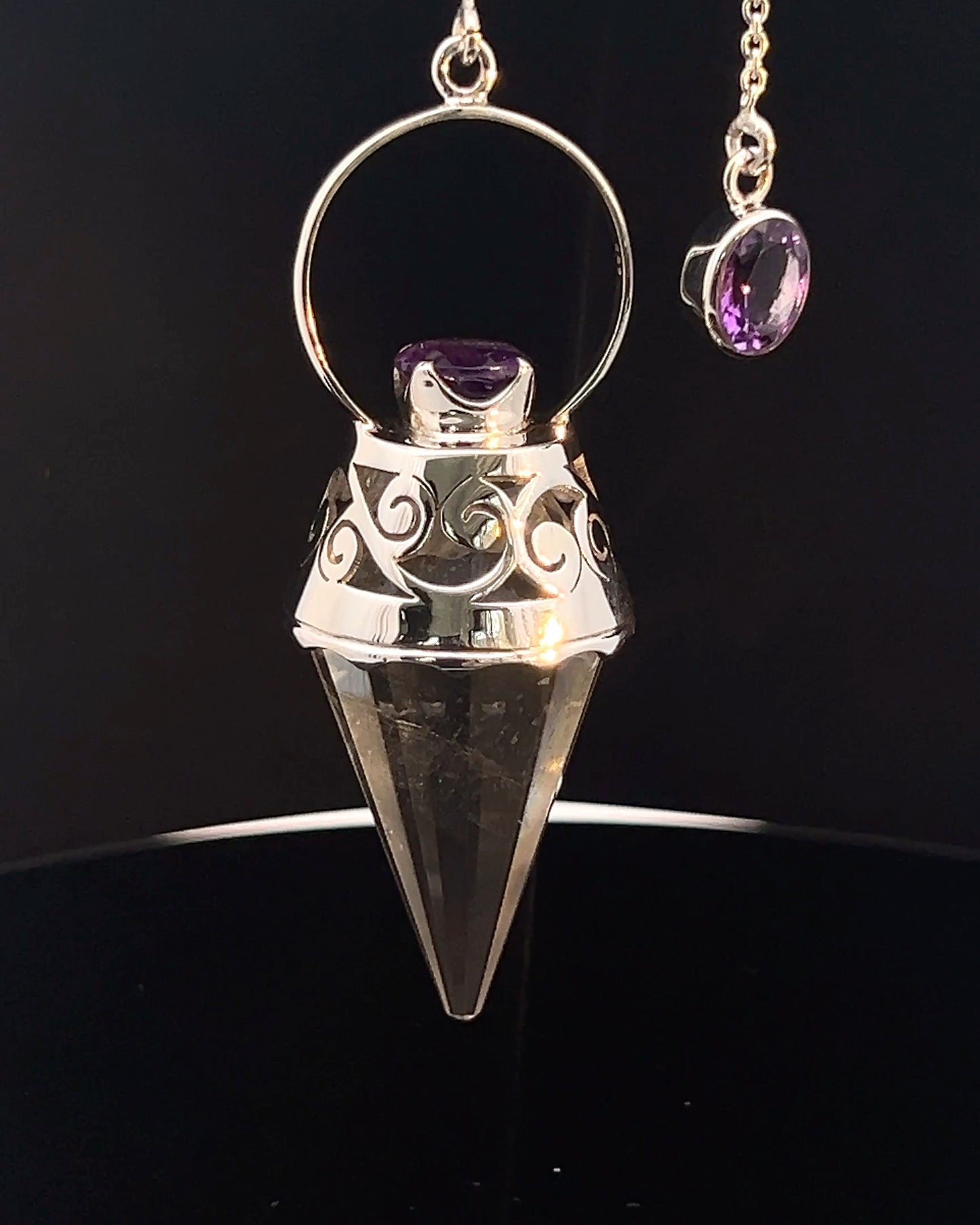 Vogel Cut Crystal Point w/ Facetted Amethysts in Fancy .925 Silver Setting w/ Cutwork Design as a Pendulum