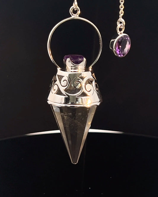 Vogel Cut Crystal Point w/ Facetted Amethysts in Fancy .925 Silver Setting w/ Cutwork Design as a Pendulum