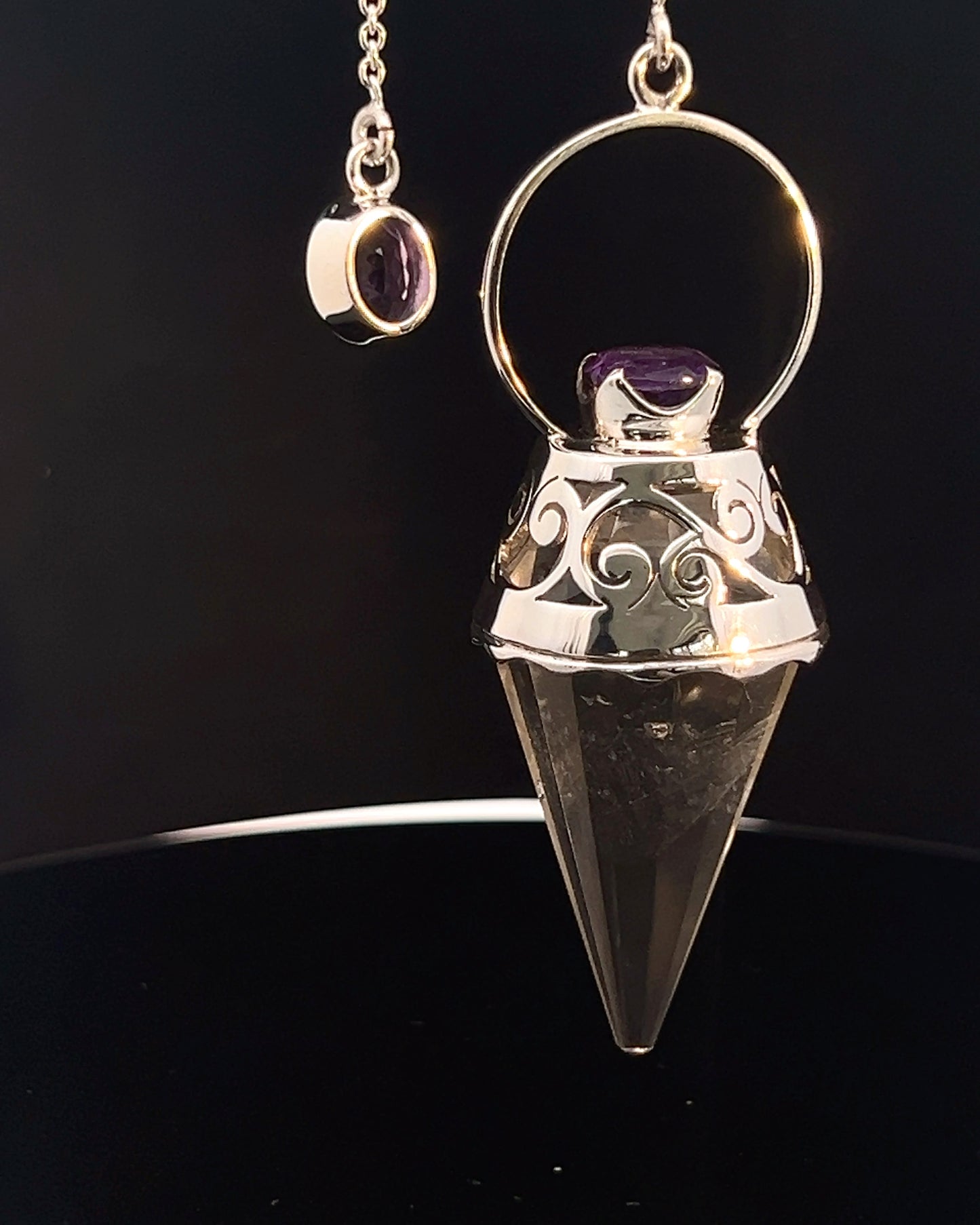 Vogel Cut Crystal Point w/ Facetted Amethysts in Fancy .925 Silver Setting w/ Cutwork Design as a Pendulum