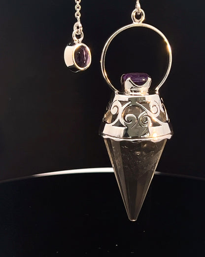 Vogel Cut Crystal Point w/ Facetted Amethysts in Fancy .925 Silver Setting w/ Cutwork Design as a Pendulum