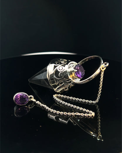 Vogel Cut Crystal Point w/ Facetted Amethysts in Fancy .925 Silver Setting w/ Cutwork Design as a Pendulum