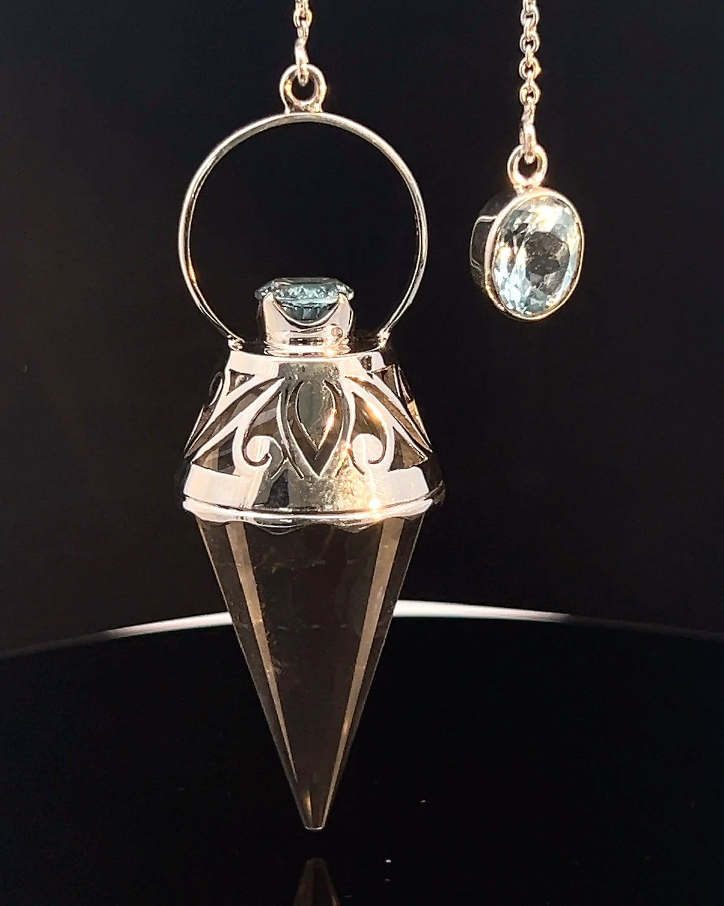 Vogel Cut Crystal Point w/ Facetted Blue Topaz in Fancy .925 Silver Setting w/ Cutwork Design as a Pendulum