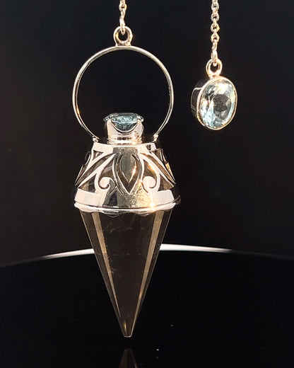 Vogel Cut Crystal Point w/ Facetted Blue Topaz in Fancy .925 Silver Setting w/ Cutwork Design as a Pendulum