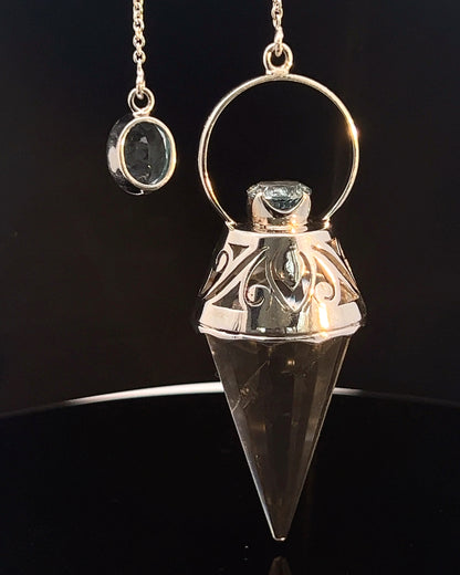 Vogel Cut Crystal Point w/ Facetted Blue Topaz in Fancy .925 Silver Setting w/ Cutwork Design as a Pendulum