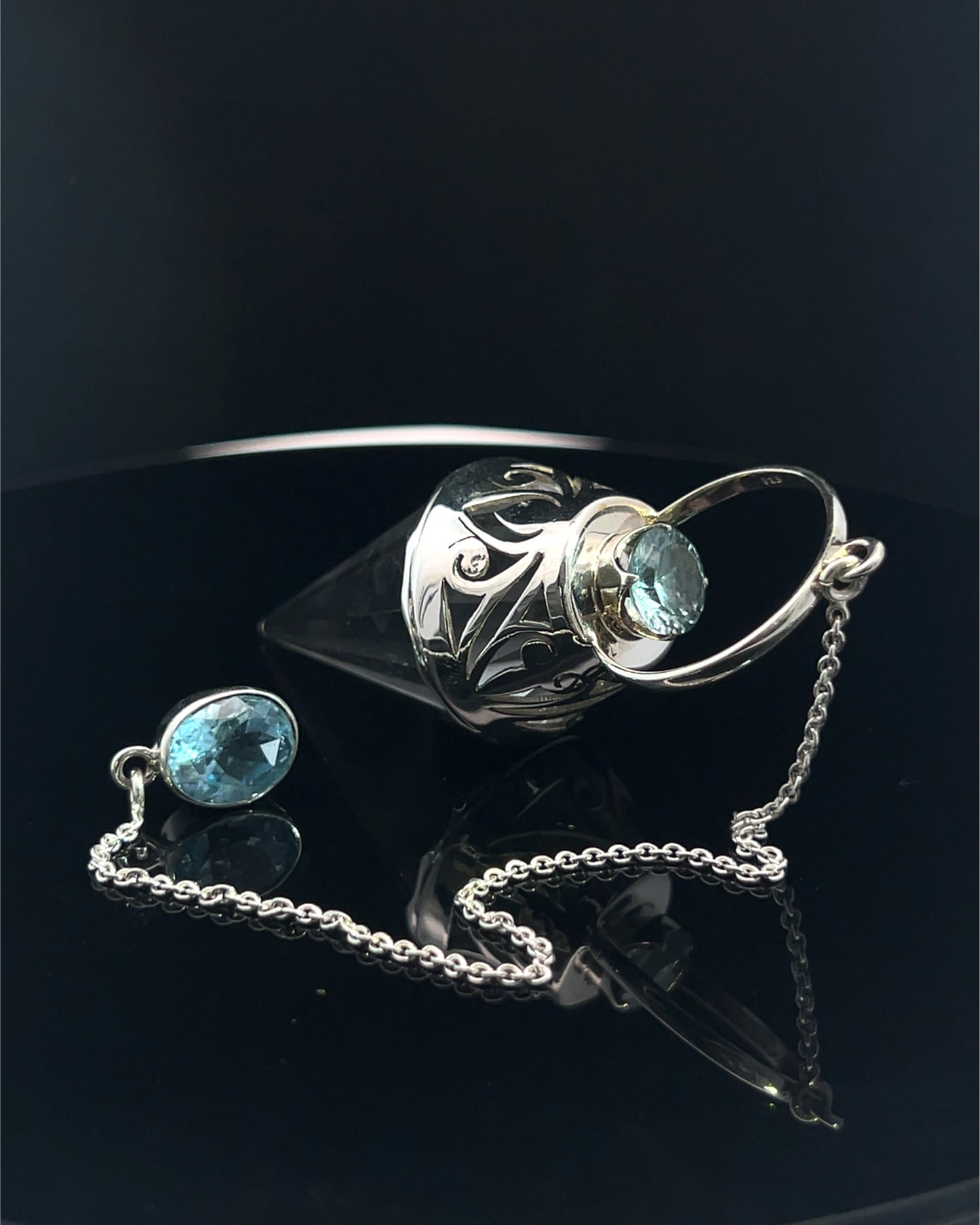 Vogel Cut Crystal Point w/ Facetted Blue Topaz in Fancy .925 Silver Setting w/ Cutwork Design as a Pendulum