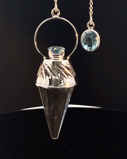 Vogel Cut Crystal Point w/ Facetted Blue Topaz in Fancy .925 Silver Setting w/ Cutwork Design as a Pendulum (Copy)