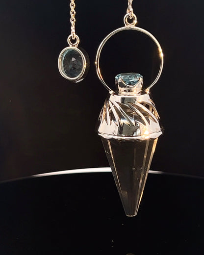 Vogel Cut Crystal Point w/ Facetted Blue Topaz in Fancy .925 Silver Setting w/ Cutwork Design as a Pendulum (Copy)