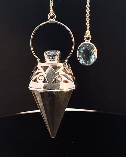 Vogel Cut Crystal Point w/ Facetted Blue Topaz in Fancy .925 Silver Setting w/ Cutwork Design as a Pendulum