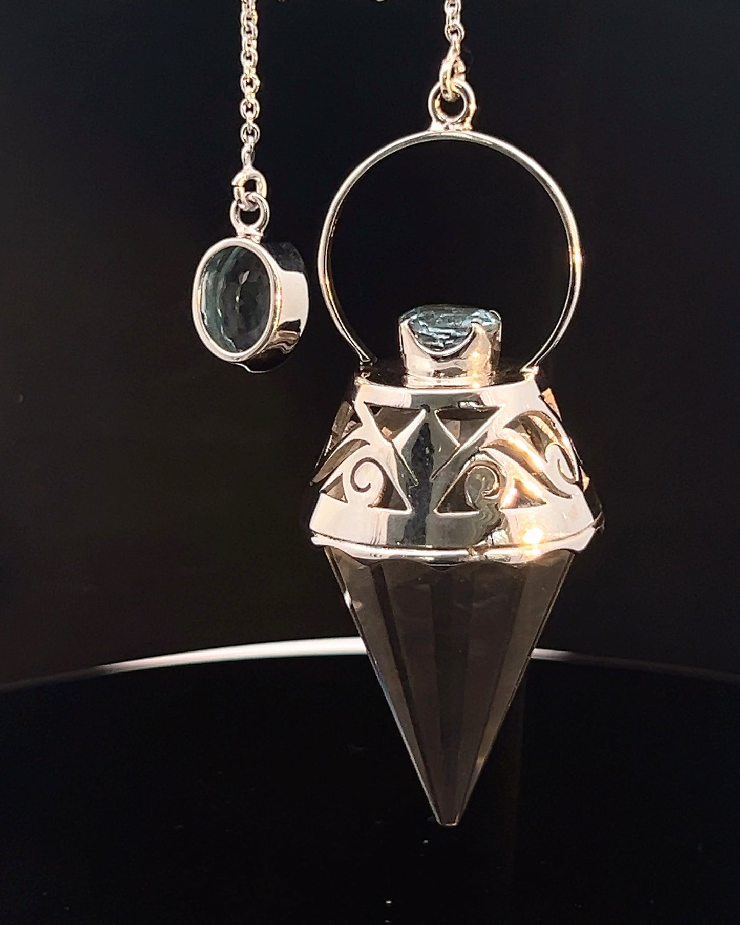 Vogel Cut Crystal Point w/ Facetted Blue Topaz in Fancy .925 Silver Setting w/ Cutwork Design as a Pendulum