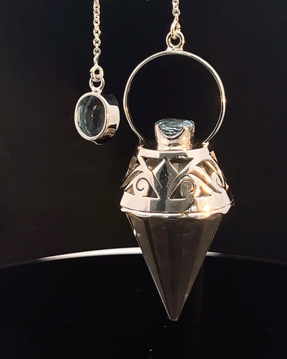 Vogel Cut Crystal Point w/ Facetted Blue Topaz in Fancy .925 Silver Setting w/ Cutwork Design as a Pendulum