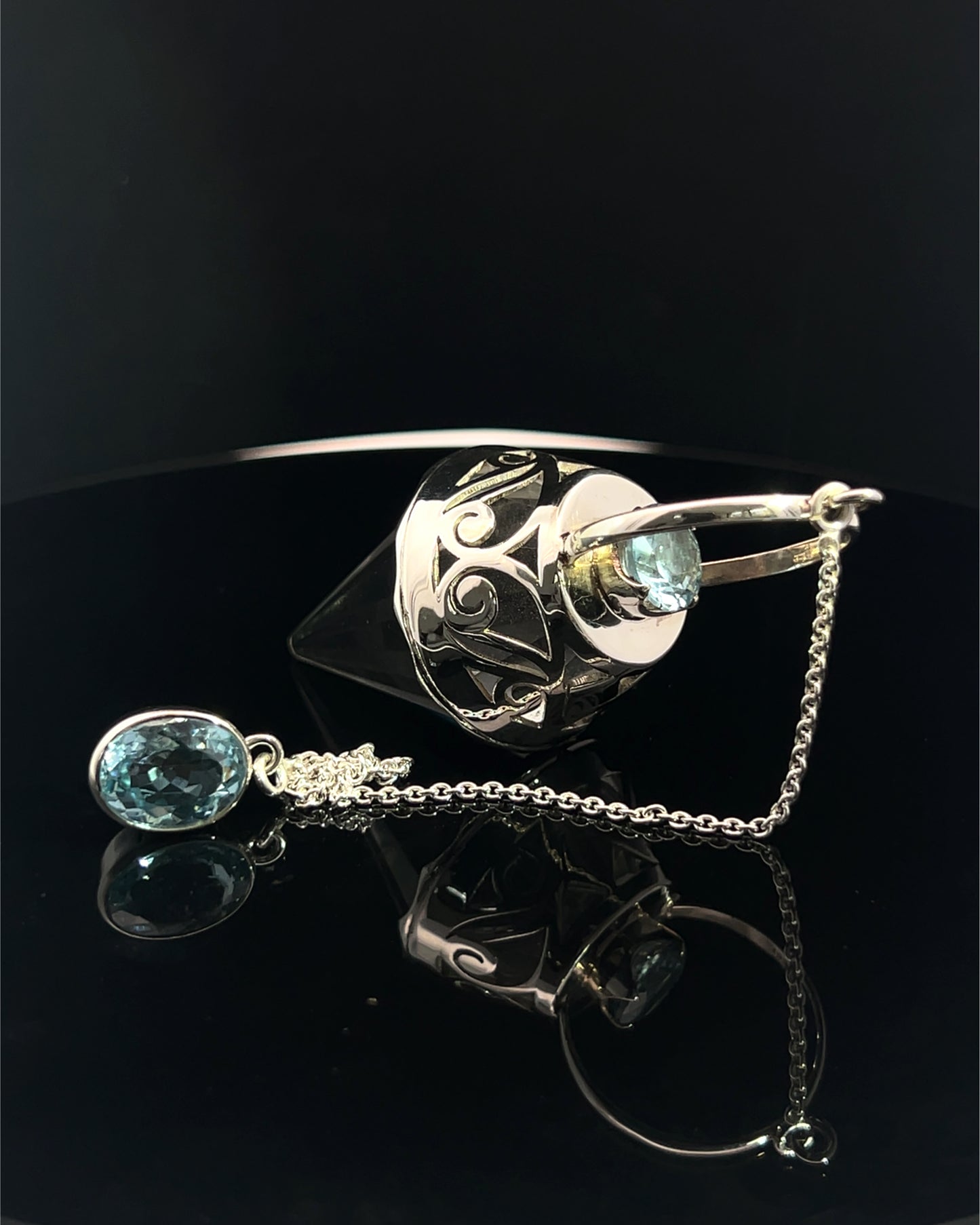 Vogel Cut Crystal Point w/ Facetted Blue Topaz in Fancy .925 Silver Setting w/ Cutwork Design as a Pendulum