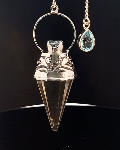 Vogel Cut Crystal Point w/ Facetted Blue Topaz in Fancy .925 Silver Setting w/ Cutwork Design as a Pendulum
