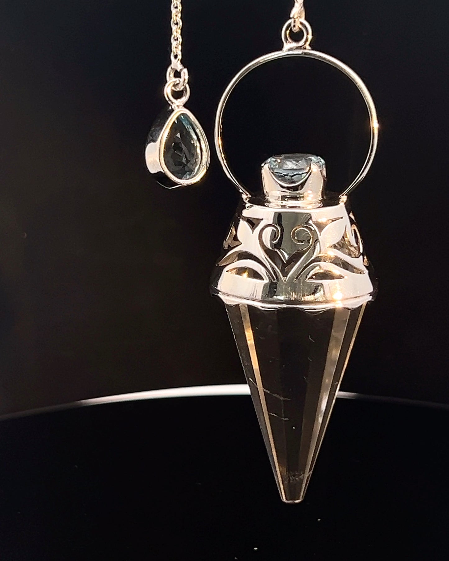 Vogel Cut Crystal Point w/ Facetted Blue Topaz in Fancy .925 Silver Setting w/ Cutwork Design as a Pendulum