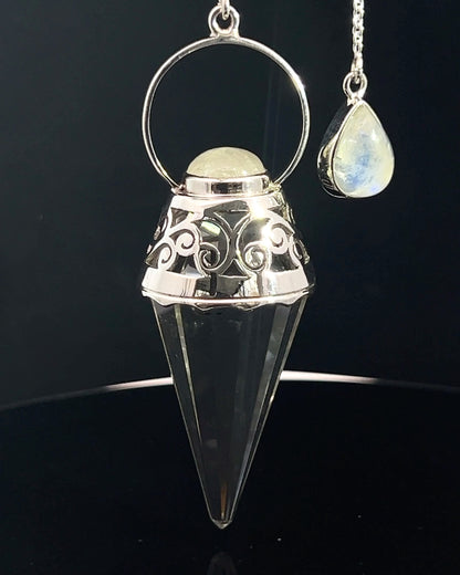 Vogel Cut Crystal Point w/ Rainbow Moonstone Cabochons in Fancy .925 Silver Setting w/ Cutwork Design as a Pendulum