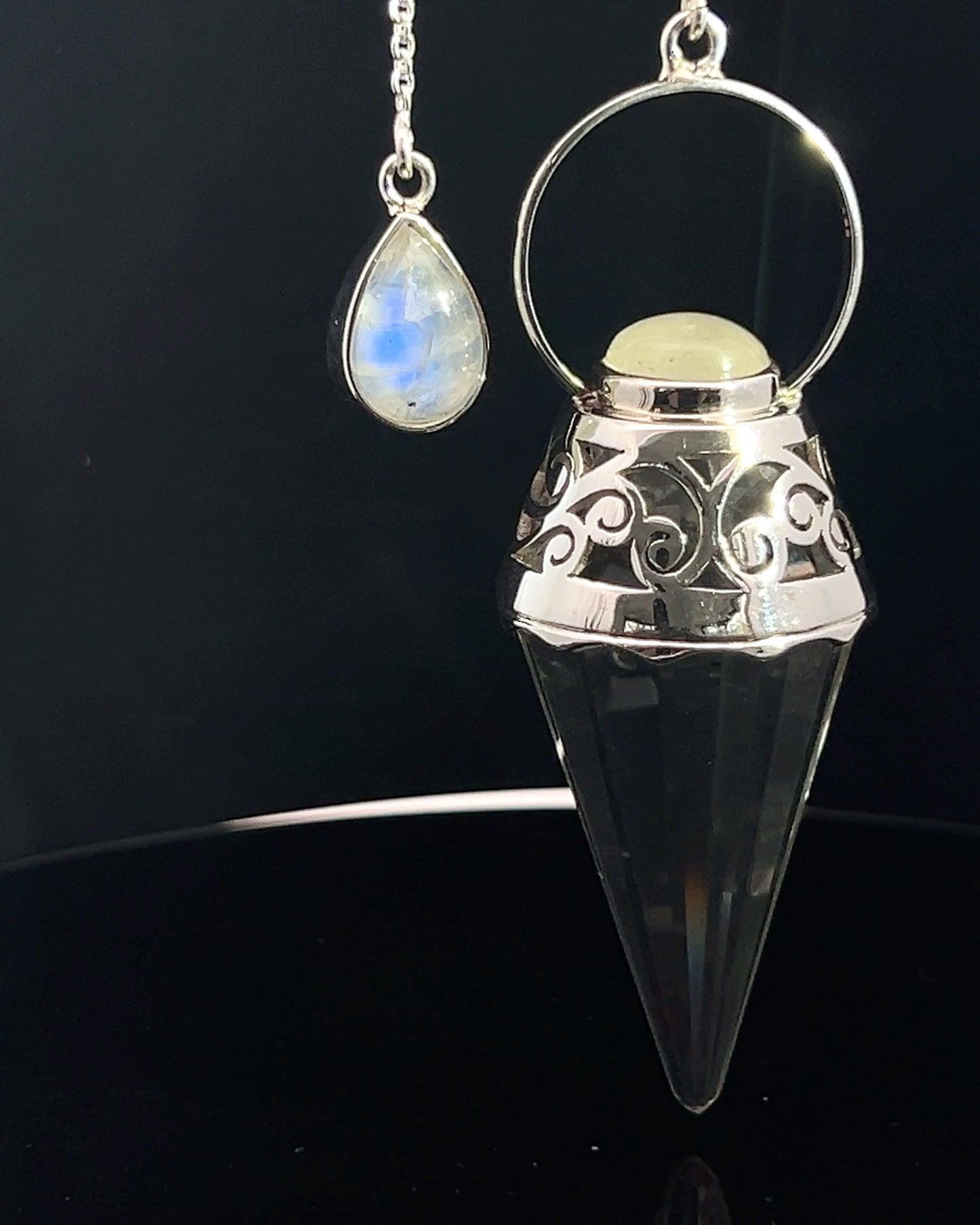 Vogel Cut Crystal Point w/ Rainbow Moonstone Cabochons in Fancy .925 Silver Setting w/ Cutwork Design as a Pendulum