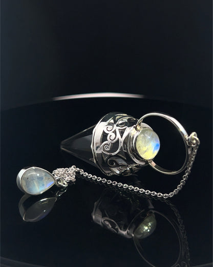 Vogel Cut Crystal Point w/ Rainbow Moonstone Cabochons in Fancy .925 Silver Setting w/ Cutwork Design as a Pendulum