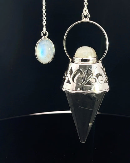 Vogel Cut Crystal Point w/ Rainbow Moonstone Cabachons in Fancy .925 Silver Setting w/ Cutwork Design as a Pendulum