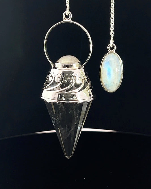Vogel Cut Crystal Point w/ Rainbow Moonstone Cabachons in Fancy .925 Silver Setting w/ Cutwork Design as a Pendulum