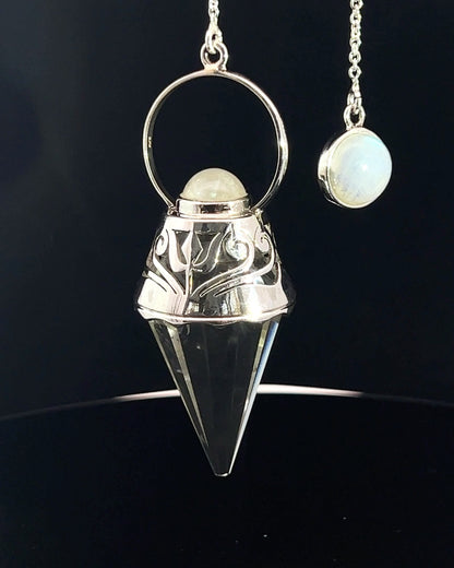Vogel Cut Crystal Point w/ Rainbow Moonstone Cabachons in Fancy .925 Silver Setting w/ Cutwork Design as a Pendulum