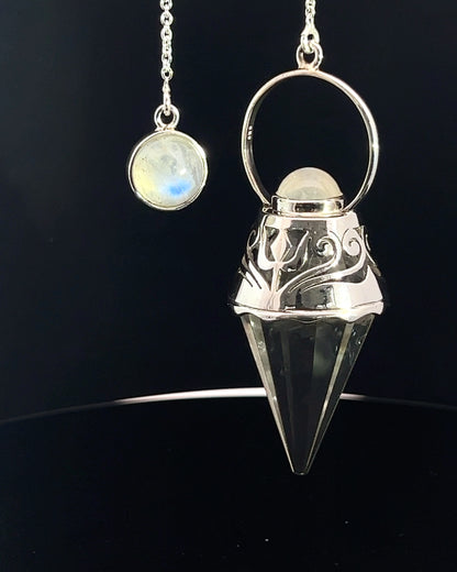 Vogel Cut Crystal Point w/ Rainbow Moonstone Cabachons in Fancy .925 Silver Setting w/ Cutwork Design as a Pendulum