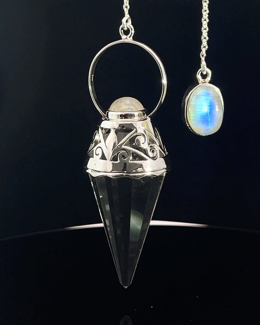 Vogel Cut Crystal Point w/ Rainbow Moonstone Cabachons in Fancy .925 Silver Setting w/ Cutwork Design as a Pendulum