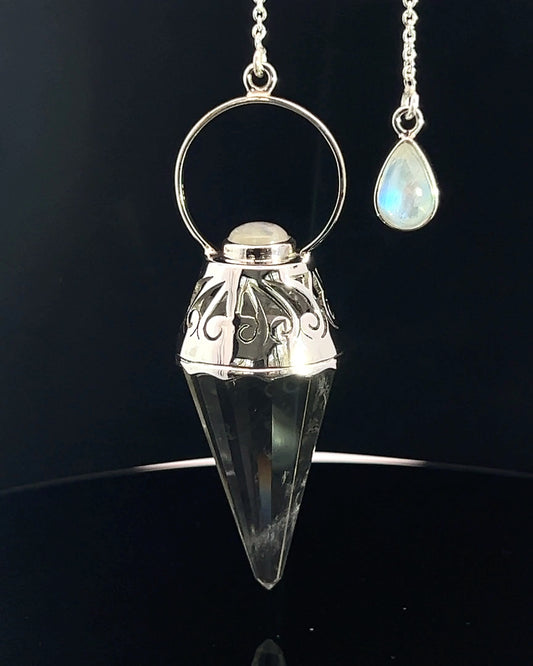 Vogel Cut Crystal Point w/ Rainbow Moonstone Cabachons in Fancy .925 Silver Setting w/ Cutwork Design as a Pendulum