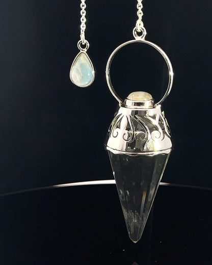 Vogel Cut Crystal Point w/ Rainbow Moonstone Cabachons in Fancy .925 Silver Setting w/ Cutwork Design as a Pendulum