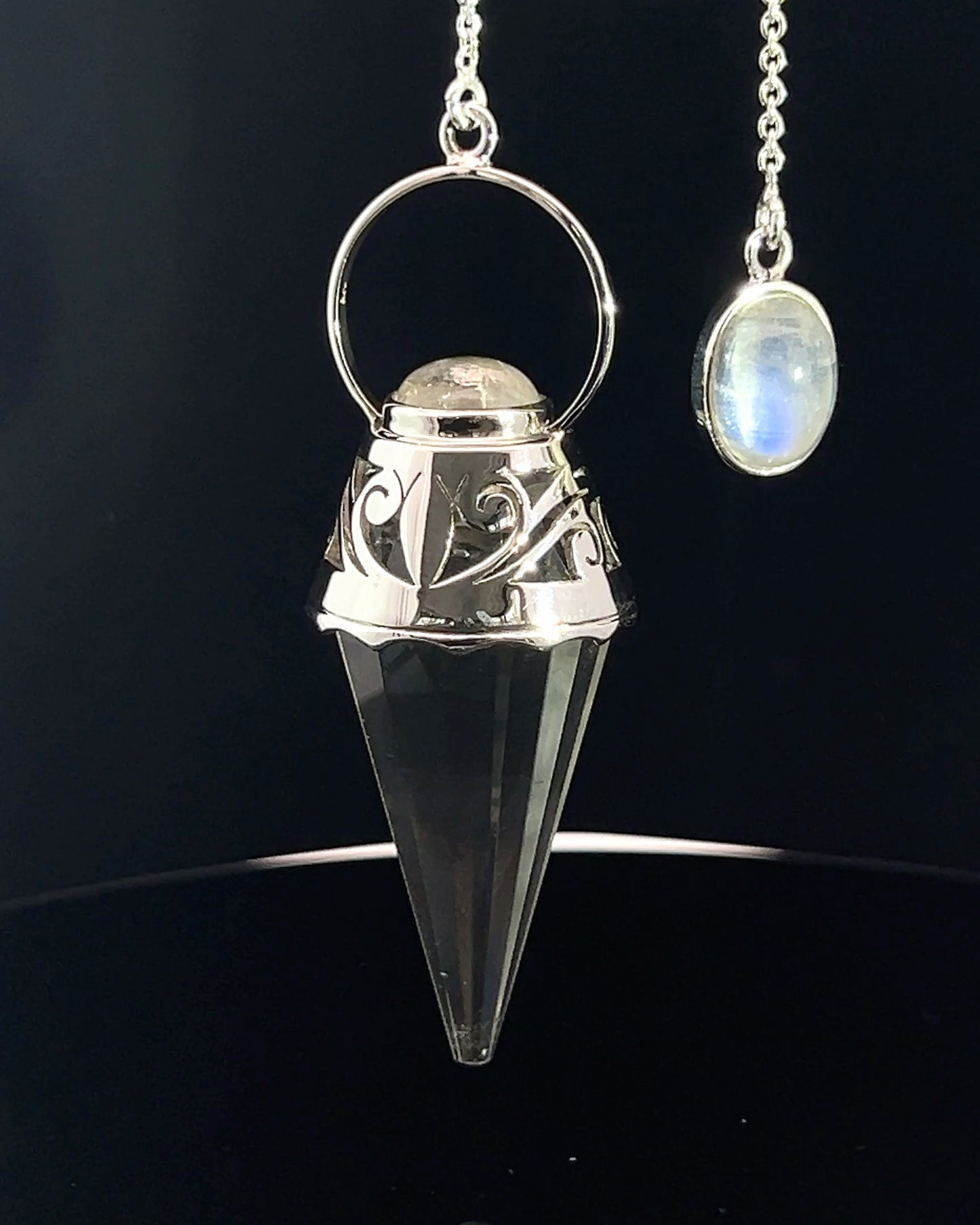 Vogel Cut Crystal Point w/ Rainbow Moonstone Cabochons in Fancy .925 Silver Setting w/ Cutwork Design as a Pendulum