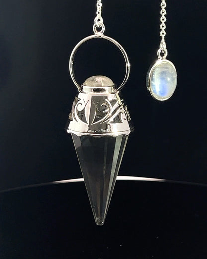 Vogel Cut Crystal Point w/ Rainbow Moonstone Cabochons in Fancy .925 Silver Setting w/ Cutwork Design as a Pendulum