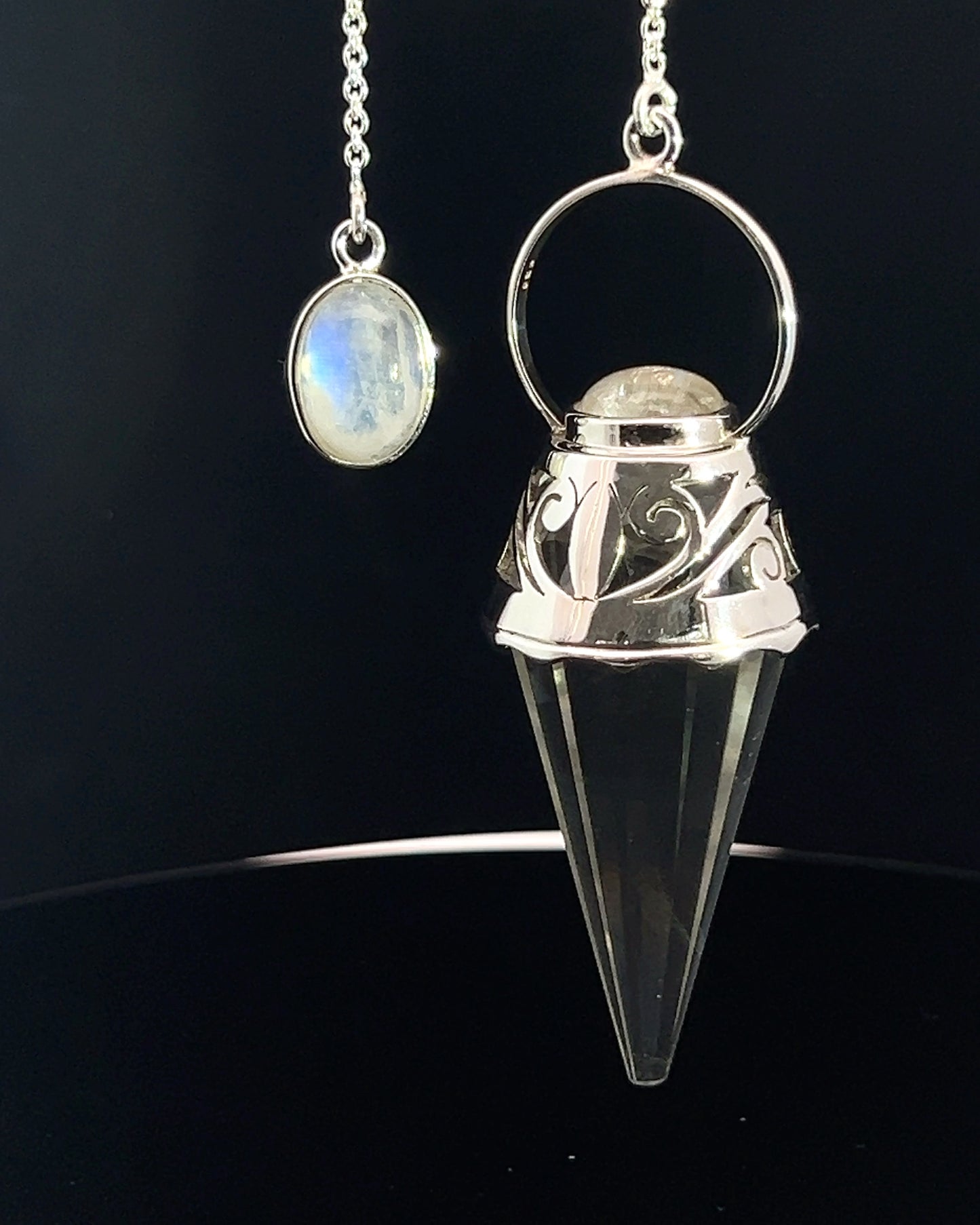 Vogel Cut Crystal Point w/ Rainbow Moonstone Cabochons in Fancy .925 Silver Setting w/ Cutwork Design as a Pendulum