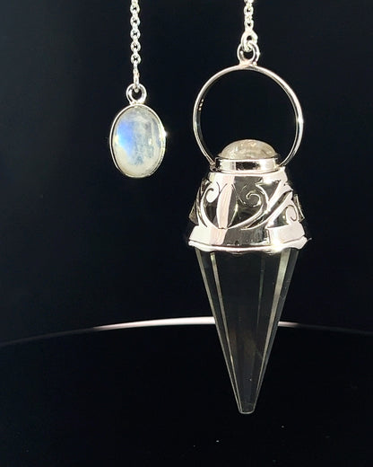 Vogel Cut Crystal Point w/ Rainbow Moonstone Cabochons in Fancy .925 Silver Setting w/ Cutwork Design as a Pendulum