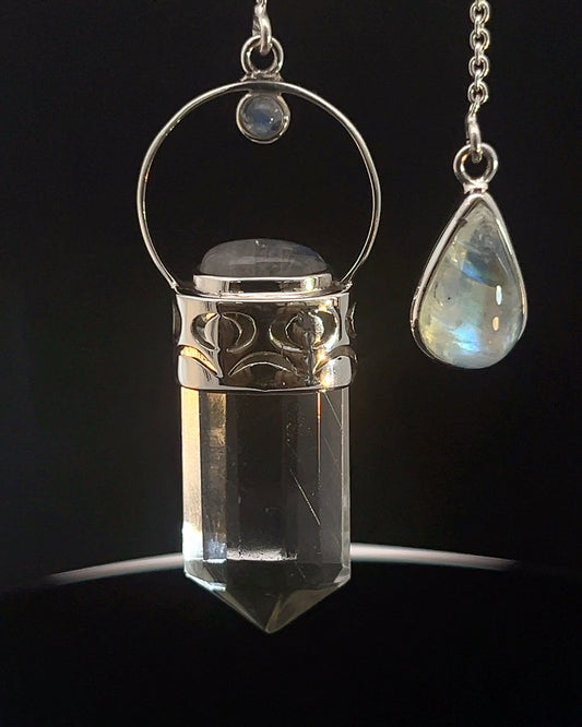 Straight 12 facet  Crystal Point w/ Rainbow Moonstone Cabachons Accents and Finger Loop in Fancy .925 Silver Setting w/ Moon Cutwork Design as a Pendulum