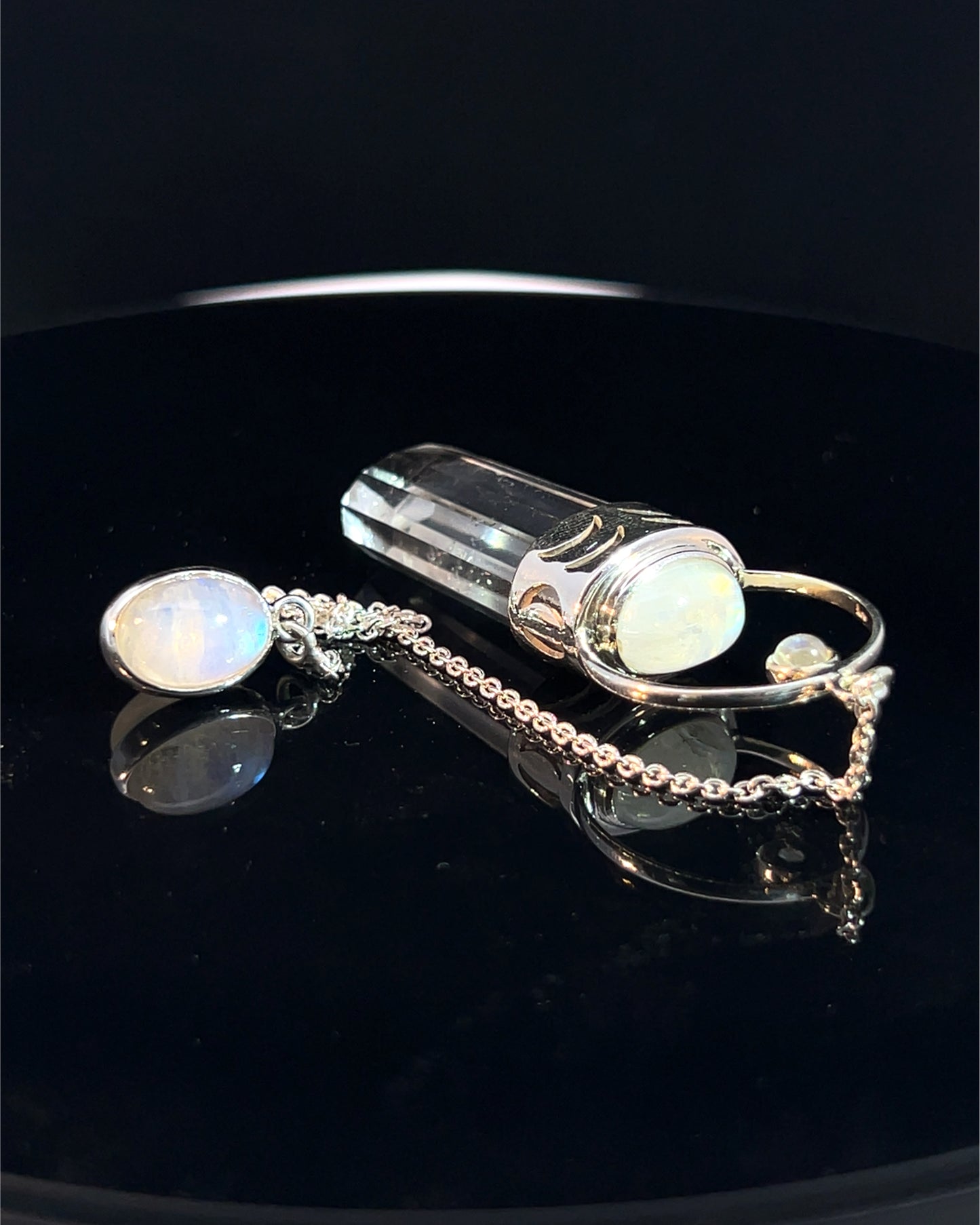 Straight 12 facet  Crystal Point w/ Rainbow Moonstone Cabochons Accents and Finger Loop in Fancy .925 Silver Setting w/ Moon Cutwork Design as a Pendulum
