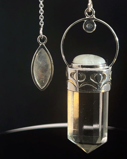 Straight 12 facet  Crystal Point w/ Rainbow Moonstone Cabachons Accents and Finger Loop in Fancy .925 Silver Setting w/ Moon Cutwork Design as a Pendulum
