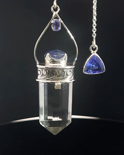 Straight 12 facet Crystal Point w/ Facetted Tanzanite  & Diamond Accents in .925 Silver Setting w/ Fancy Cutwork Design as a Pendulum