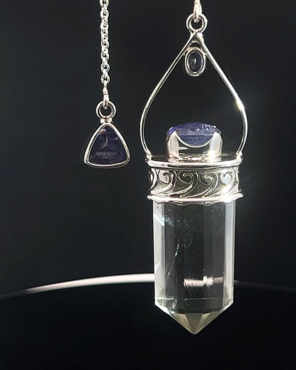 Straight 12 facet Crystal Point w/ Facetted Tanzanite  & Diamond Accents in .925 Silver Setting w/ Fancy Cutwork Design as a Pendulum