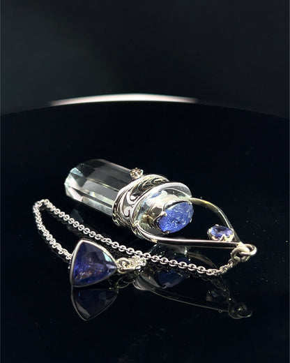 Straight 12 facet Crystal Point w/ Facetted Tanzanite  & Diamond Accents in .925 Silver Setting w/ Fancy Cutwork Design as a Pendulum