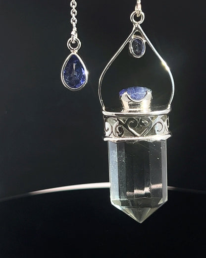 Straight 12 facet Crystal Point w/ Facetted Tanzanite  & Diamond Accents in .925 Silver Setting w/ Fancy Cutwork Design as a Pendulum