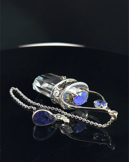 Straight 12 facet Crystal Point w/ Facetted Tanzanite  & Diamond Accents in .925 Silver Setting w/ Fancy Cutwork Design as a Pendulum